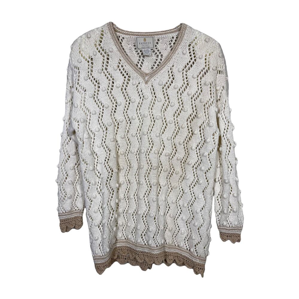 Vintage 90s Express Tricot Sweater Medium Cream Open Knit Crochet Pom Cottage